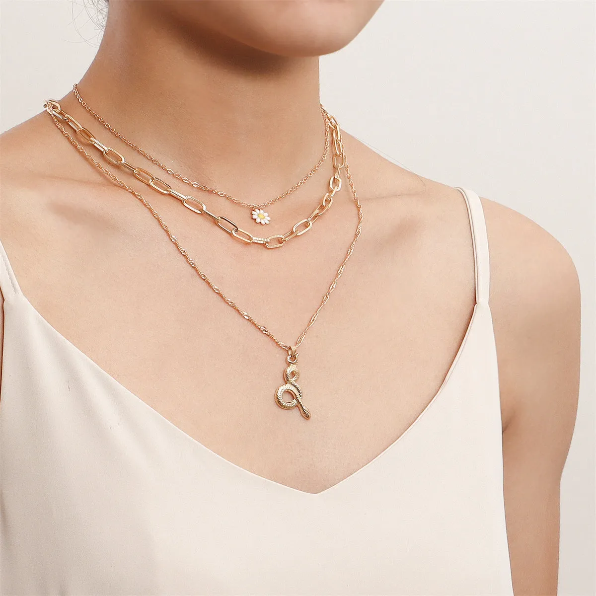 White Enamel & 18K Gold-Plated Snake Flowers Pendant Layered Necklace