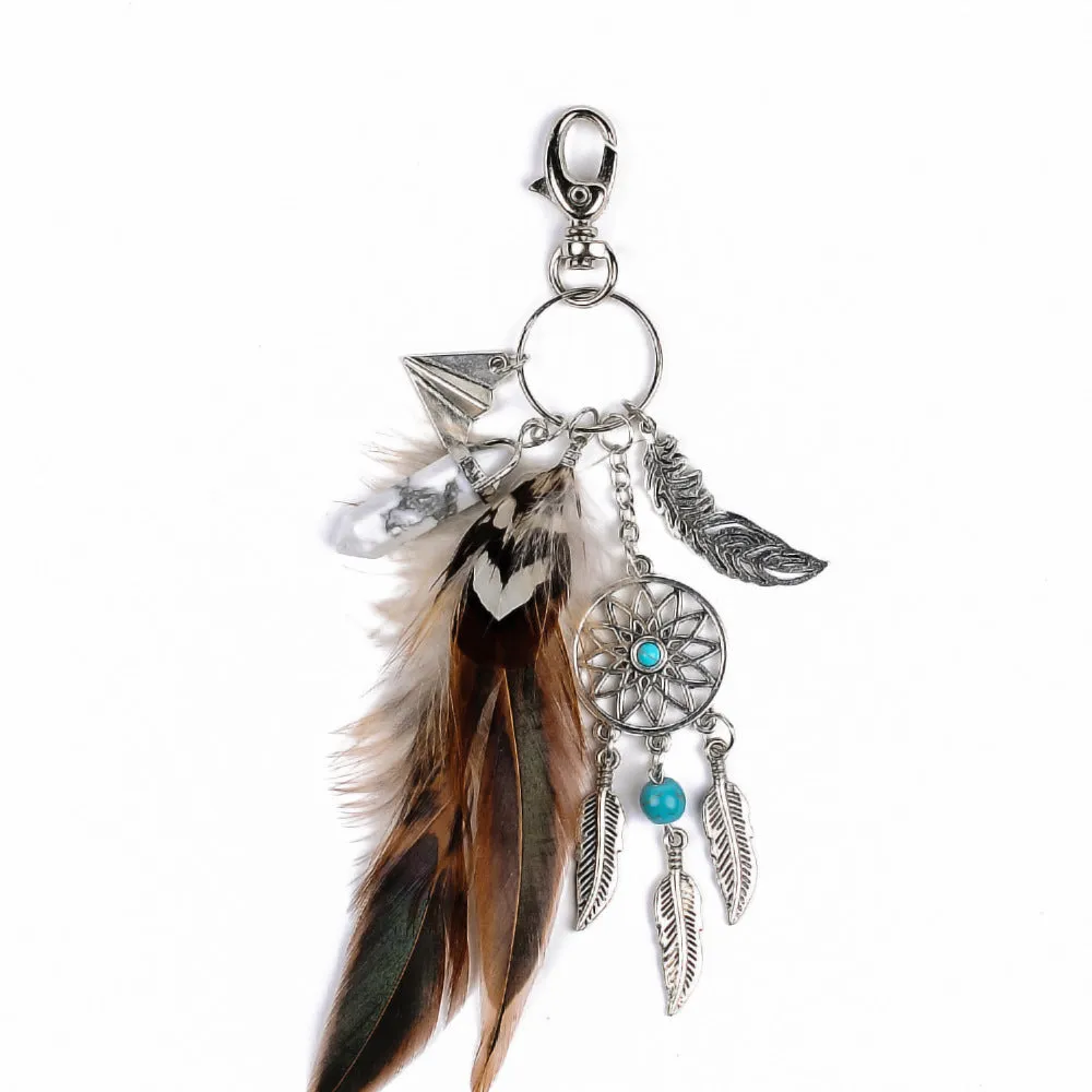 Wholesale Natural Agate Feather Alloy DreamCatcher Keychain JDC-KC-RXin001