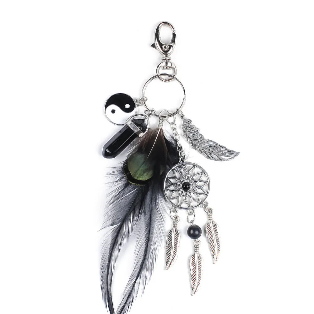 Wholesale Natural Agate Feather Alloy DreamCatcher Keychain JDC-KC-RXin001
