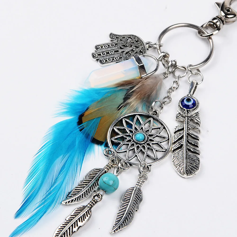 Wholesale Natural Agate Feather Alloy DreamCatcher Keychain JDC-KC-RXin001