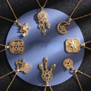 Wholesale Octagon Gold Plated Zircon Titanium Steel Dreamcatcher Necklace JDC-NE-RongS008