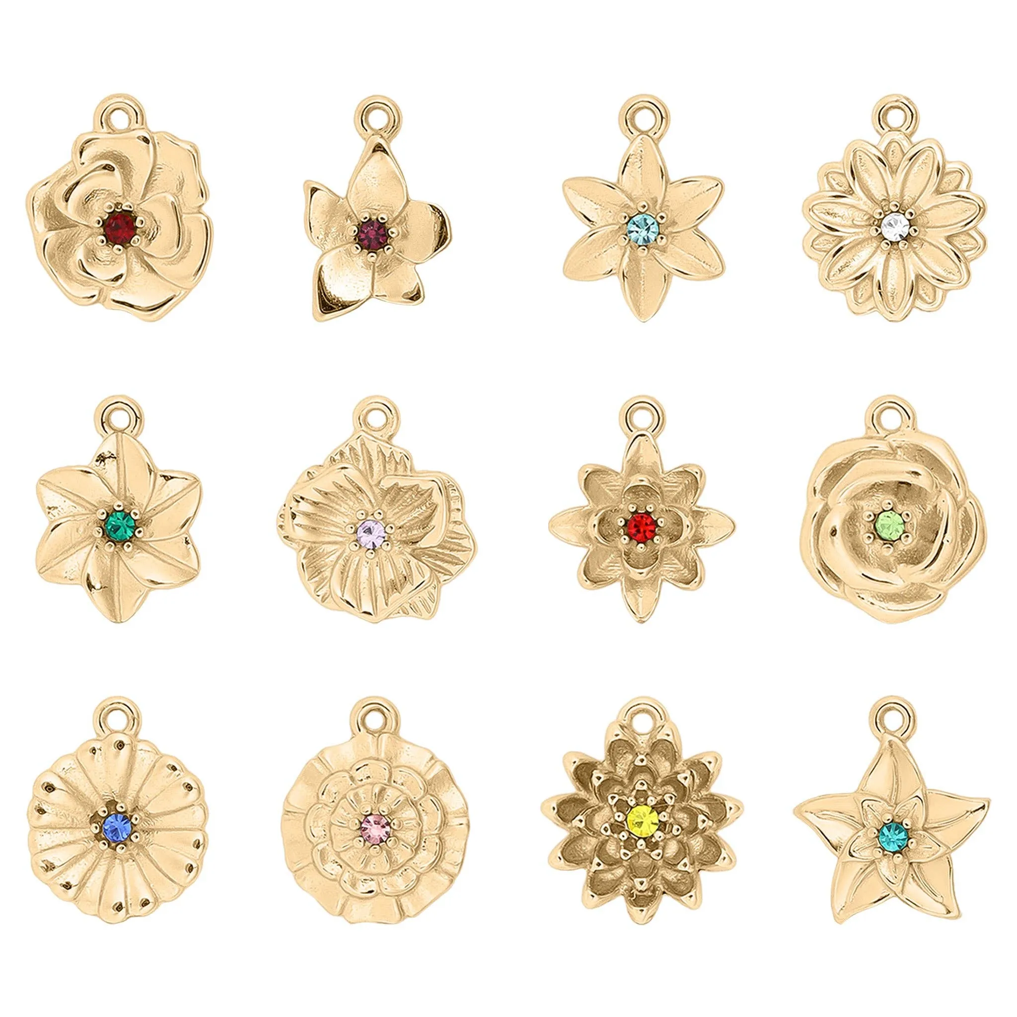 WJW - 18K Gold PVD Stainless Steel Vertical 3D Birth Flower Charm